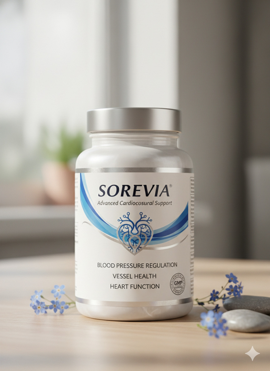 Sorevia food supplement bottle and label on a neutral studio background